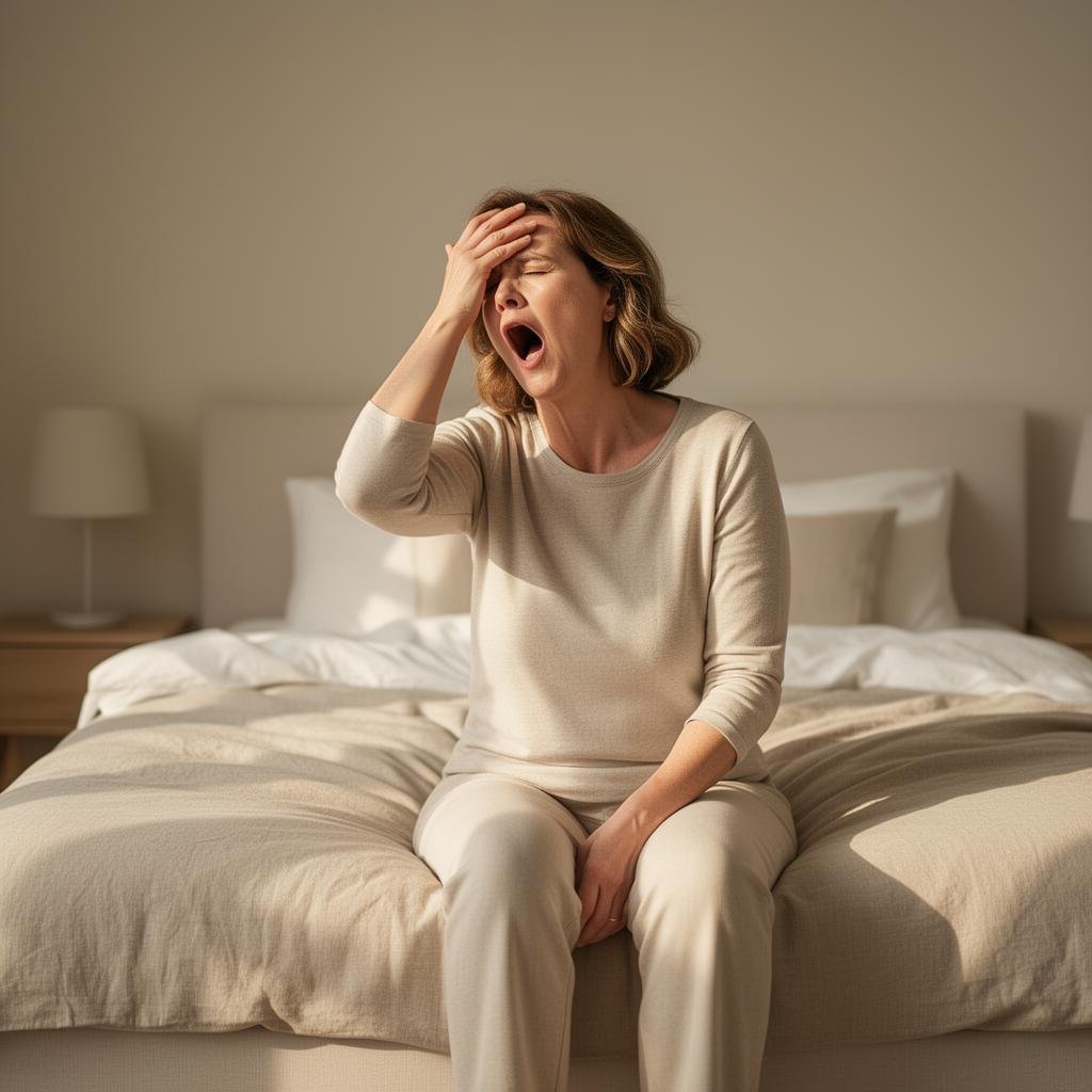 Frau gähnt müde am Morgen trotz Schlaf